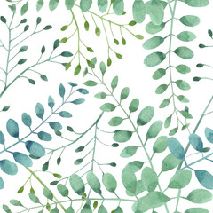 Twigs and leaves seamless pattern in watercolor