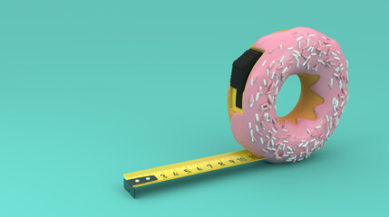 Donut as a yellow measuring tape, diet, junk food, weight problem concept in pastel colors