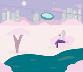 A girl is sitting reading a book on a tablet on a cloud in a Park by the lake. city of the future in the clouds, a Flat modern illustration of work, social networks, e-learning and text messages using