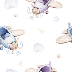 Watercolor purple illustration of a cute and fancy sky scene complete with airplanes and balloons, clouds. Baby Boy and girl pattern. baby shower, nursery design