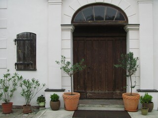 Fototapeta na wymiar Entrance to the old Hospital of the Holy Ghost - wooden brown doors and pot plants, Frombork, Poland