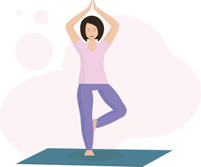A girl does yoga on a Mat, a Woman in a tree pose. Practice of yoga.Healthy lifestyle. Female cartoon character. flat style.