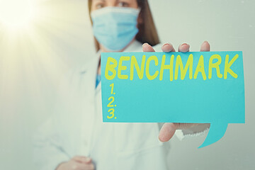 Conceptual hand writing showing Benchmark. Concept meaning something that serves as a standard by...