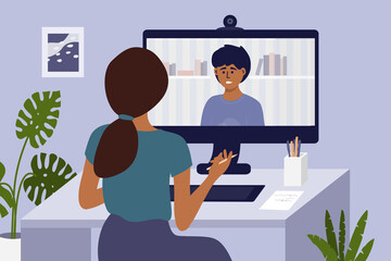 Video call with psychologist through computer by web cam. Psychotherapy online from home. Sad man talking to female doctor. Psychology internet session, health care, mental issue vector illustration