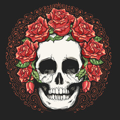 Skull in wreath of rose flowers Tattoo