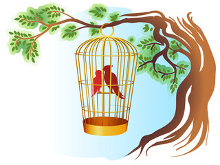Birds in a cage on a tree illustration