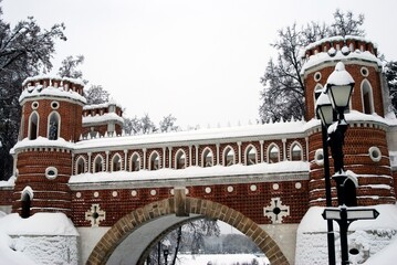 Architecture of Moscow city. Figured bridge in Tsaritsyno park. Color winter photo.