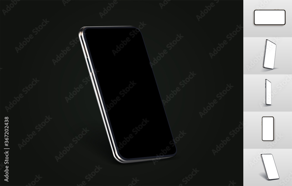 Poster realistic smartphone layout with a blank screen with different views and different angles, on a whit