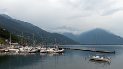 Fototapeta na wymiar Northeast of Como Lake in Italy, Europe. View from Domaso on lake Como and mountain.