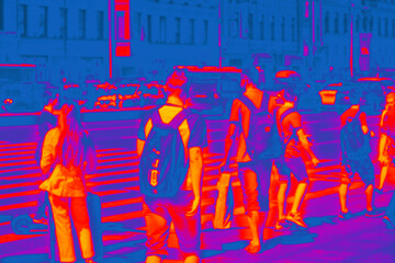 Indication of high temperature in a crowd of people, concept. Detecting a patient with a cold or...