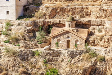 Fragments of the Orthodox monastery of St. George Hosevit (Mar Jaris) in the gorge Wadi Kelt....