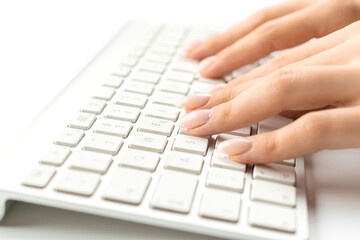 Work woman. Female online work female. Hand typing on desktop office computer keyboard. Woman using laptop. Blogger working online concept