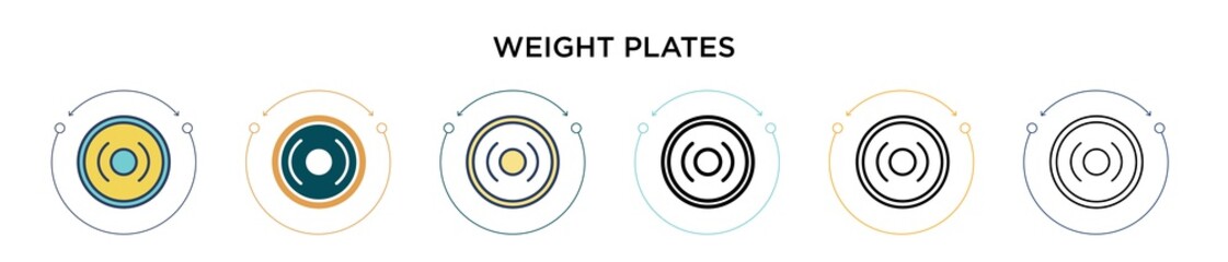 Weight plates icon in filled, thin line, outline and stroke style. Vector illustration of two colored and black weight plates vector icons designs can be used for mobile, ui, web