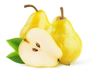 Fototapeta na wymiar Isolated yellow pears. Two yellow pear fruits and one half isolated over white background