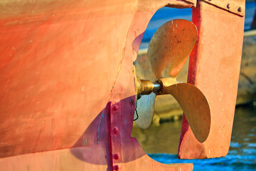 Repaired propeller on boat in repair dock