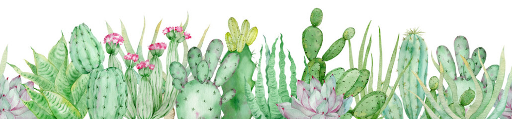 Watercolor seamless border of green cactuses. Endless header with tropical plants and pink flowers. © annakonchits