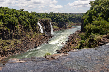 Obraz premium Forest, waterfalls and river with rocks