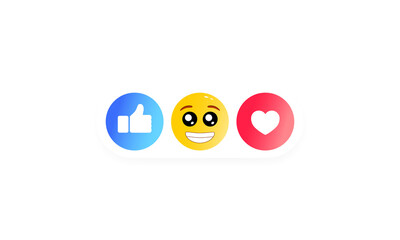 Thumbs up and heart label with cartoon smile. Set of social icons. Vector on isolated white background. EPS 10