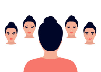 Beautiful brunette woman with different facial feeling expressions. Young girl choose different emotions, play role, change mask. Woman smile, happy, sad, angry emotion face. Vector