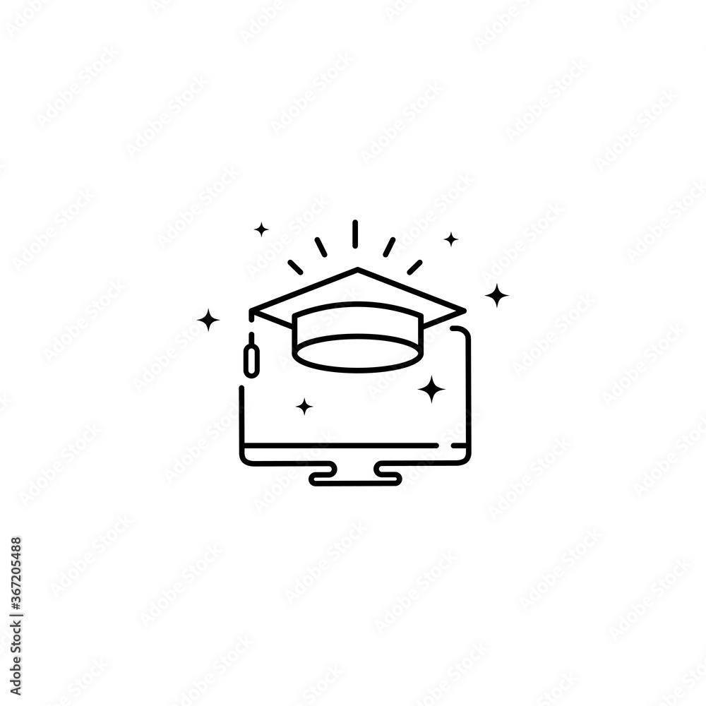 Poster e-learning line icon for mobile application. graduation cap. button and website design. vector on is