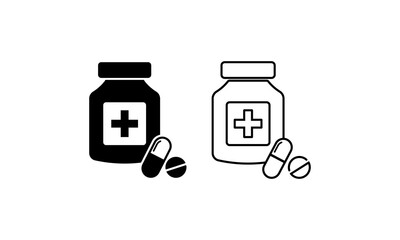 Pills with shadow icon. Drugstore. Medicine bottle. Medicament. Vector on isolated white background. EPS 10