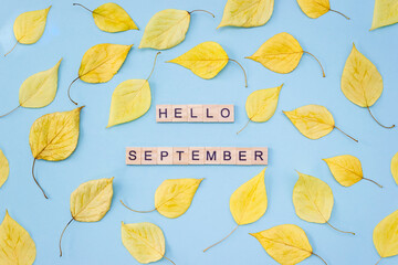 Words Hello September. Wooden letters on blue background decorated with yellow leaves. Autumn concept. Layout, top view