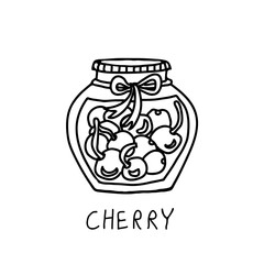 Maraschino cherries in a glass jar. Hand drawn homemade preserved food vector illustration.