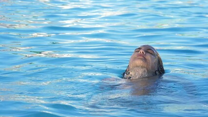 Sexy girl emerges from the water in swimming pool