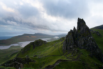 the Old Man of Storr. Hiking in the Quairing Mountains on the Isle of Skye in Scotland