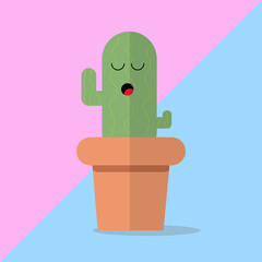 Tall Cacti Cactus Cute Face Character On Pink And Light Blue Background succulent Illustration Vector 