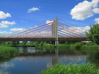 Cable-stayed bridge with express road S7 over Motlawa river in the village of Krepiec near Gdansk, Poland
