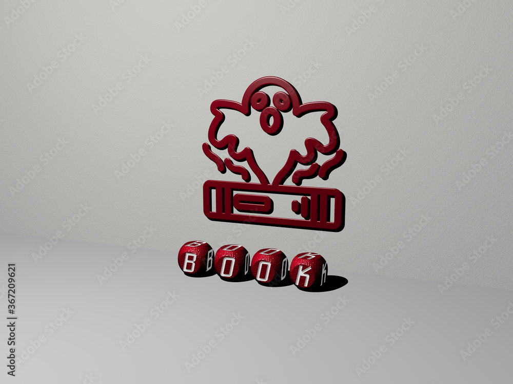 Poster 3d representation of book with icon on the wall and text arranged by metallic cubic letters on a mir