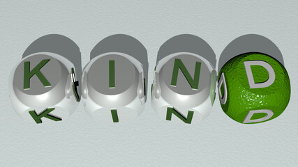KIND combined by dice letters and color crossing for the related meanings of the concept. background and illustration
