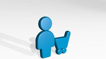 SINGLE NEUTRAL ACTIONS CART stand with shadow. 3D illustration of metallic sculpture over a white background with mild texture. icon and isolated