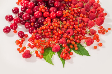 Assorted berry on a white background. Cherries, raspberries, red currants.