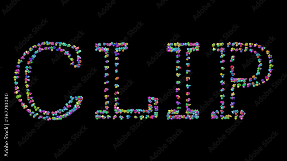 Poster clip: 3d illustration of the text made of small objects over a black background with shadows. art an