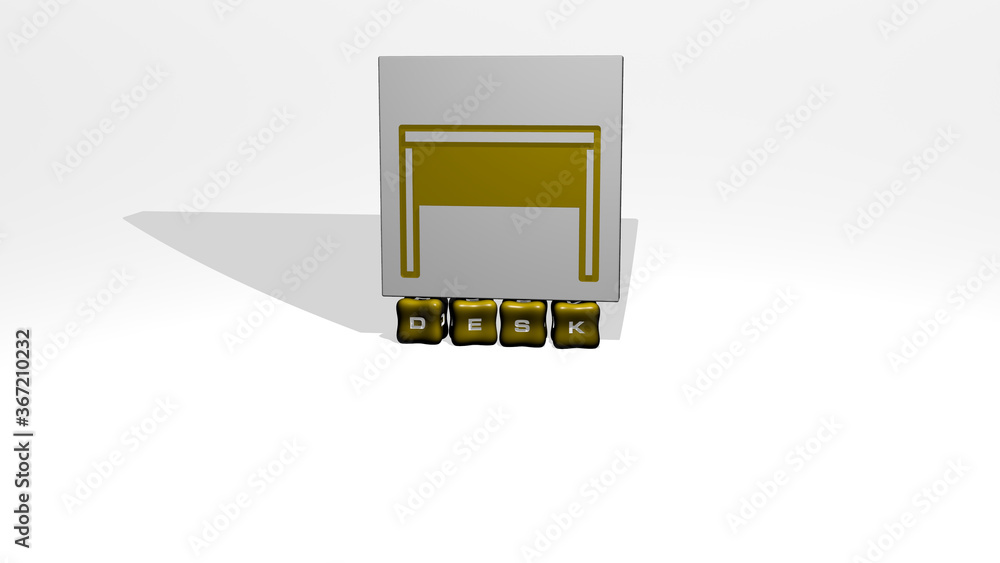 Poster 3d representation of desk with icon on the wall and text arranged by metallic cubic letters on a mir