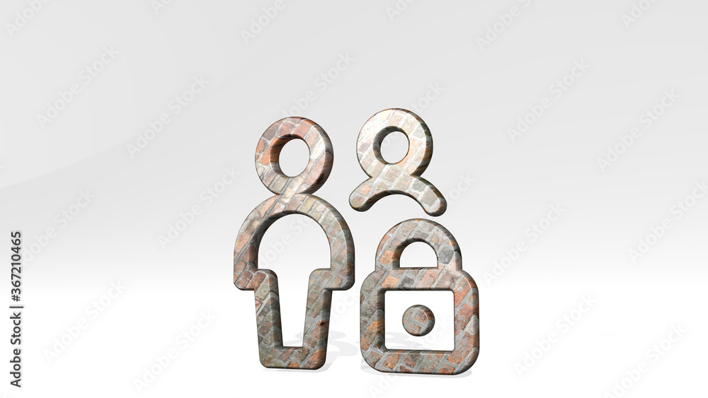 Poster MULTIPLE ACTIONS LOCK made by 3D illustration of a shiny metallic sculpture casting shadow on light background. abstract and blue