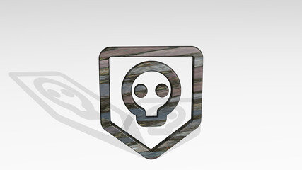 ARMY BADGE SKULL casting shadow with two lights. 3D illustration of metallic sculpture over a white background with mild texture. military and armed