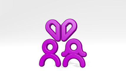 breakup couple man woman made by 3D illustration of a shiny metallic sculpture with the shadow on light background. divorce and concept