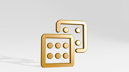 board game dice from a perspective with the shadow. A thick sculpture made of metallic materials of 3D rendering. background and illustration