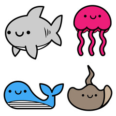 Sea creatures set of 4 cute underwater smiling animals cartoon shark, jellyfish, stingray and a whale