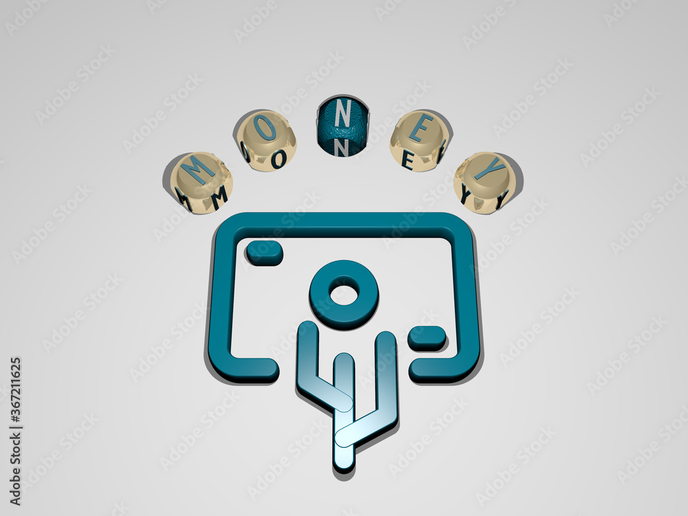 Poster 3d representation of money with icon on the wall and text arranged by metallic cubic letters on a mi