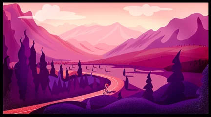 Fotobehang Fluor Roze Uitzicht op een vallei met bomen in de bergen en een door een fietser afgelegde weg, giro d& 39 Italia (wielerwedstrijd). Man op een fiets in de bergen. Mountainbike route. Buitensport.  © Naeblys