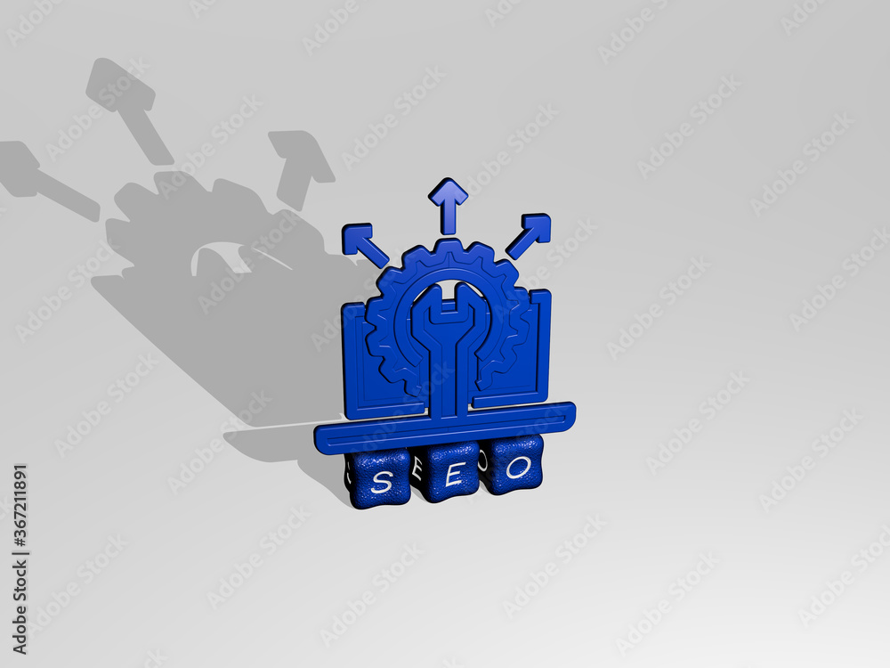 Fototapete 3D illustration of SEO graphics and text made by metallic dice letters for the related meanings of the concept and presentations. business and icon