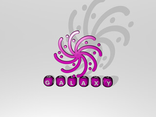 3D graphical image of GALAXY vertically along with text built by metallic cubic letters from the top perspective, excellent for the concept presentation and slideshows. illustration and background