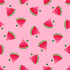 Cute watermelons seamless pattern. Cartoon vector illustration. Funny fruits with smiles. Bright summer print. For postcards, textiles, notebooks, backgrounds.
