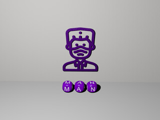 3D graphical image of MAN vertically along with text built by metallic cubic letters from the top perspective, excellent for the concept presentation and slideshows