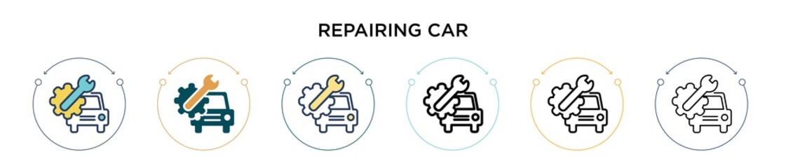 Repairing car icon in filled, thin line, outline and stroke style. Vector illustration of two colored and black repairing car vector icons designs can be used for mobile, ui, web