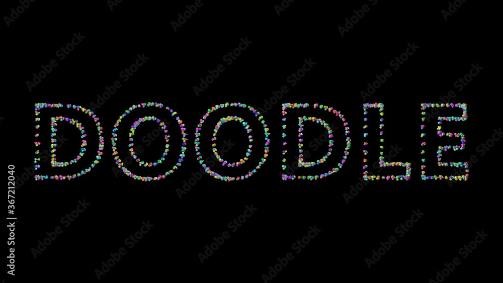Poster colorful 3d writing of doodle text with small objects over a dark background and matching shadow. il